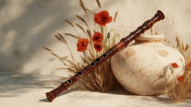 Still life featuring a wooden flute, an old jar, red flowers, and sprigs. It has soft lighting