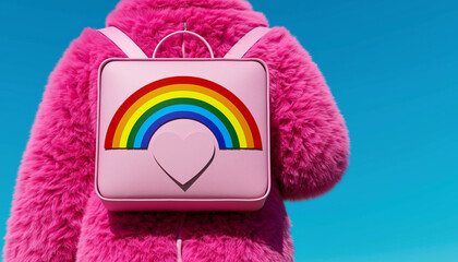 Vibrant rainbow backpack on playful pink fur coat, expressing joy and optimism with whimsical style, perfect for creative campaigns and youthful branding