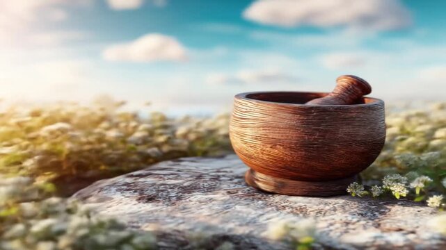 Wooden mortar and pestle on a rock, in a field of wildflowers with a blue sky