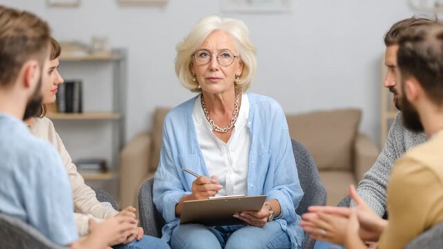 Senior female psychologist leading therapy group session with adults discussing emotions and mental health support
