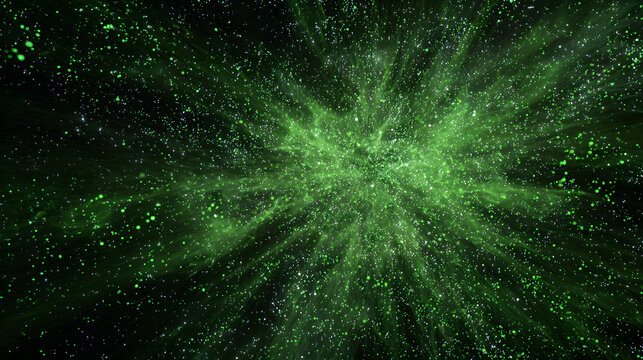 Burst of glowing green particles in cosmic space explosion