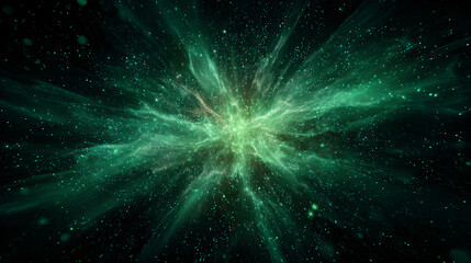 Burst of glowing green particles in cosmic space explosion