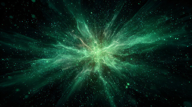Burst of glowing green particles in cosmic space explosion