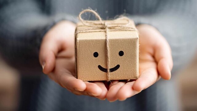 Woman's hands showing a small gift box with a happy smiley face