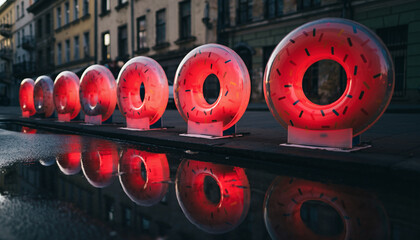 Eye-catching row of vibrant donut sculptures reflecting in a puddle, adding a touch of whimsy and fun to the urban landscape with glowing charm