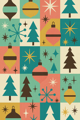Retro Christmas Ornaments Trees Stars Abstract Festive Pattern