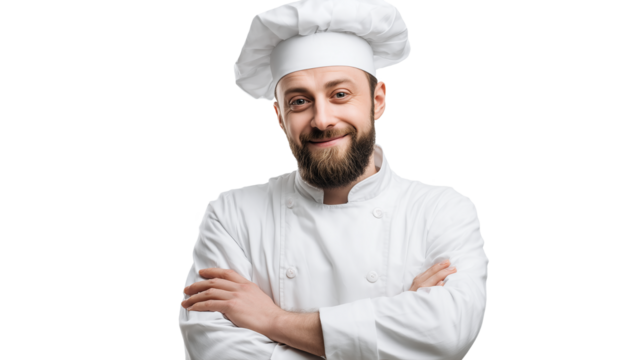 Ai smiling chef in white uniform stands confidently with arms crossed on a white background - Powered by Adobe