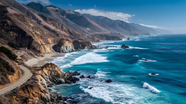 Scenic california coastline with turquoise water and rugged cliffs on a sunny day along the pacific coast highway offering breathtaking views
