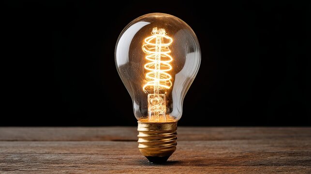 Vintage glowing filament light bulb with spiral design on rustic wooden table and dark background