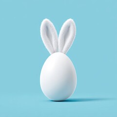 Fototapeta premium White egg with bunny ears on blue background symbolizing Easter celebration and spring holiday decoration concept
