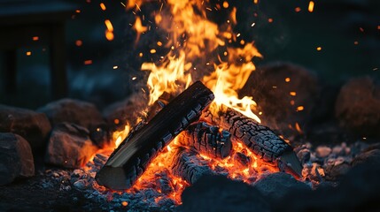 coruscation. Orange sparks rising from a campfire against a dark night sky, with glowing embers and motion trails. lifestyle magazines.