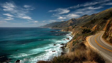 Scenic coastal highway winding along the rugged cliffs of Big Sur with turquoise ocean views under a bright blue sky creating a sense of adventure
