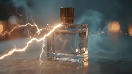 A glass bottle of perfume emits a cascade of electric sparks, creating a dynamic scene. The perfume bottle and sparks highlight the contrast between clarity and energy in the setti