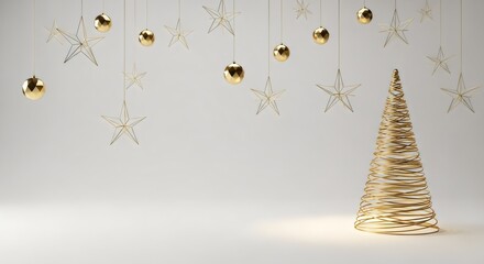 Elegant gold snowflake ornaments hanging against clean white background, minimal Christmas decor, winter holiday design, luxury seasonal theme