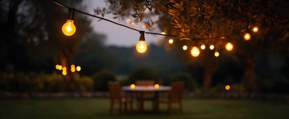 Warm glows from string lights create a tranquil outdoor evening atmosphere.