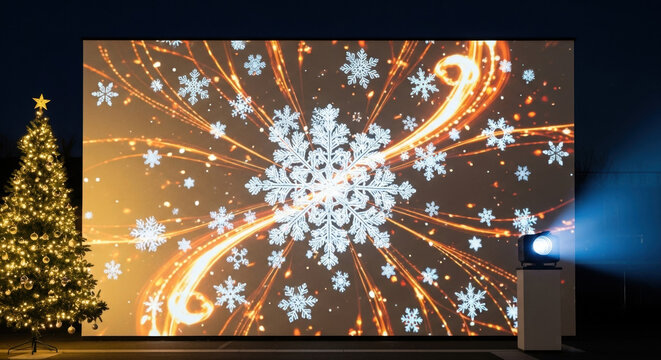 White building surface with holiday projection overlay. Small Christmas tree and projection lens in frame. Christmas Projection Mapping on Building Facade, Snowflakes, Night