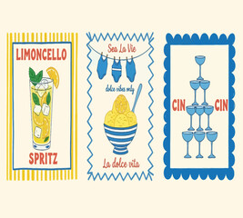 Illustration of three vintagestyle illustrations featuring summer drinks and aperitivo moments, including limoncello spritz, gelato, and a champagne tower, evoking a sense of italian dolce vita