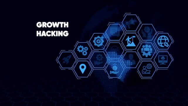 Growth Hacking Concept with Hexagonal Icons and World Map technology business