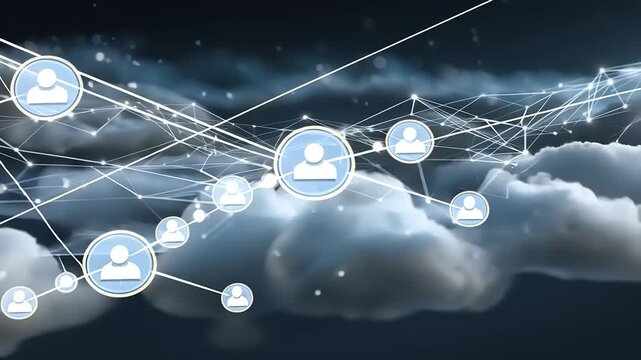 Abstract digital network connecting user icons in a cloud background, symbolizing online communication - Powered by Adobe