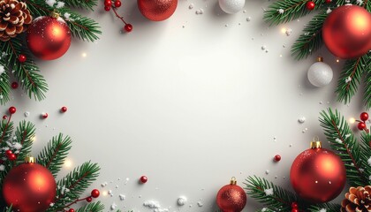 Minimalist digital Christmas frame, modern flat illustration style, pine leaves, ornaments, and subtle glowing snow around the border, muted winter palette, elegant negative space for typography, high