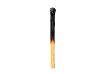 Completely burnt matchstick standing upright showing fire damage, isolated on a transparent background