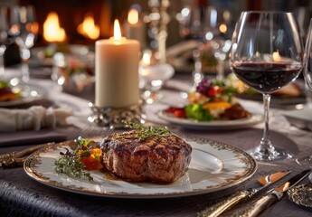Gourmet steak dinner, elegant table setting by fireplace