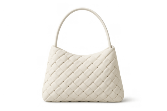 Elegant white woven leather handbag on transparent background highlighting luxury fashion accessory design