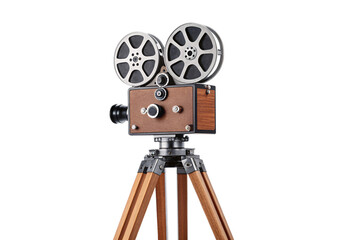 Naklejka premium Vintage wooden film camera on tripod with dual reels, isolated on a transparent background