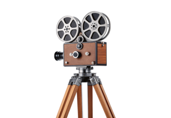 Vintage wooden film camera on tripod with dual reels, isolated on a transparent background