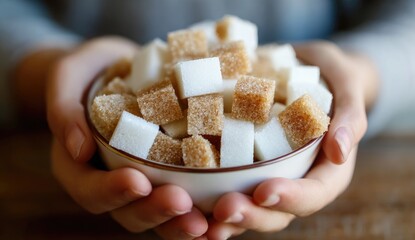 Hands holding a bowl of white and brown sugar cubes