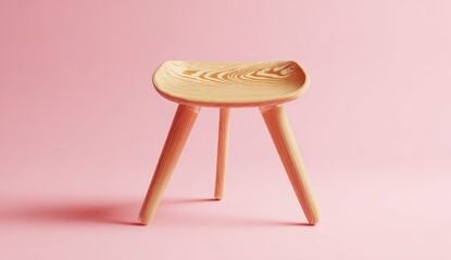 Light-colored wooden stool on a pink background