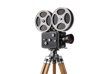 Classic movie projector with metal reels mounted on wood tripod, isolated on a transparent background