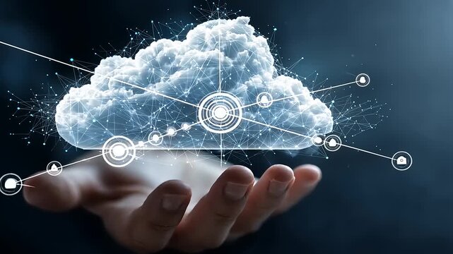 Hand reaching out to a digital cloud with interconnected technology symbols in a futuristic setting