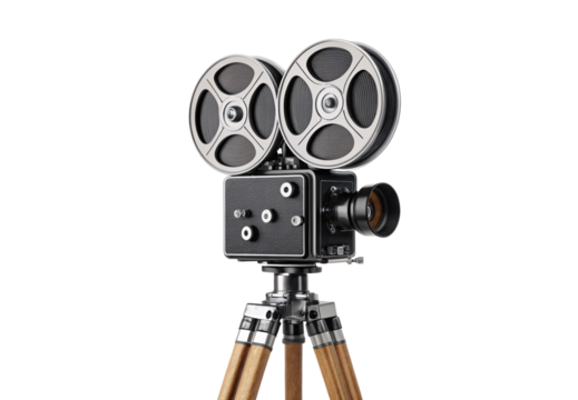 Classic movie projector with metal reels mounted on wood tripod, isolated on a transparent background - Powered by Adobe