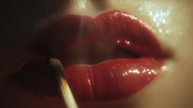 A woman's lips, adorned with glossy red lipstick, gleam under soft light as she holds a match close. The glossy lipstick and match combined create an intriguing scene filled with w