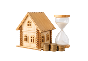 Wooden house model with hourglass and coin stacks, isolated on a transparent background