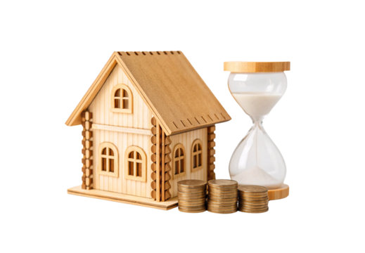 Wooden house model with hourglass and coin stacks, isolated on a transparent background - Powered by Adobe