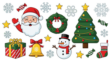 A vibrant collection of Christmas holiday elements including Santa Claus, a decorated tree, snowman, snowflakes