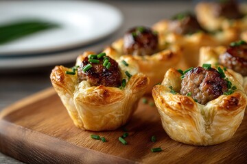 Mini sausage pastries on a wooden board (1)