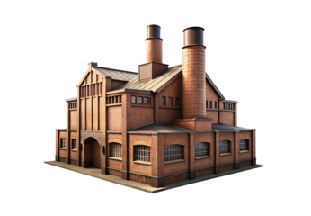 Industrial brick factory building with tall smokestacks and windows, isolated on a transparent background