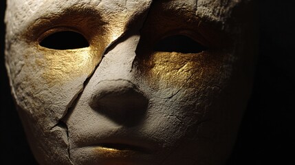 plasm. A broken ceramic mask reveals a metallic surface beneath, symbolic contrast in studio lighting. event programs, museum guides, designed for cultural heritage projects and event programs.
