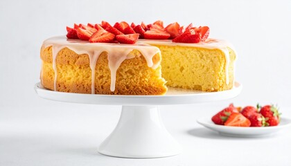 Fluffy chiffon cake with strawberry topping and glaze on a white cake stand in warm natural lighting