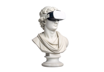 Classical marble bust wearing virtual reality headset, ancient meets modern contrast, isolated on a transparent background
