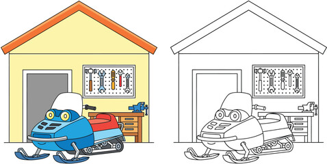 Coloring book page vector illustration of a cute cartoon snowmobile parked inside a garage with tools and workbench for kids education and activity