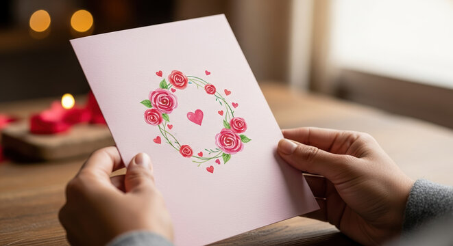 Holding a Valentine's Day card featuring rose wreath and heart on Valentine's Day. Celebrating love and affection on Valentine's Day, shown by hands holding greeting card with floral wreath,