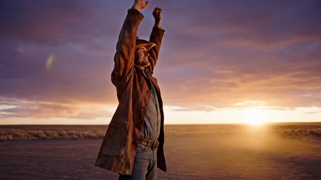 A man standing on a beach at sunset with changing poses and expressive