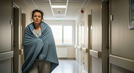 Woman with walking pneumonia wrapped in blanket walking down hospital hallway. Depicting walking pneumonia, woman is standing in clinic corridor,