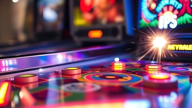 pinball. A silver pinball in motion on a vibrant playfield hitting a bumper. event key visuals, club posters, designed for sports event promotions and stadium branding, supports training.