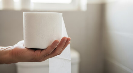 Conceptual observance of World Toilet Day featuring roll of toilet paper held in human hand against bathroom background. World Toilet Day promotes sanitation: access to clean toilets and hygiene,