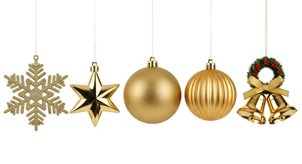 Golden christmas ornaments isolated on transparent background for festive decoration